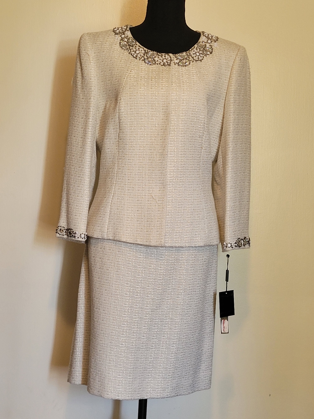 Ivory Tweed Beaded Crystal 2 PC Skirt Suit Jacket Size 10
